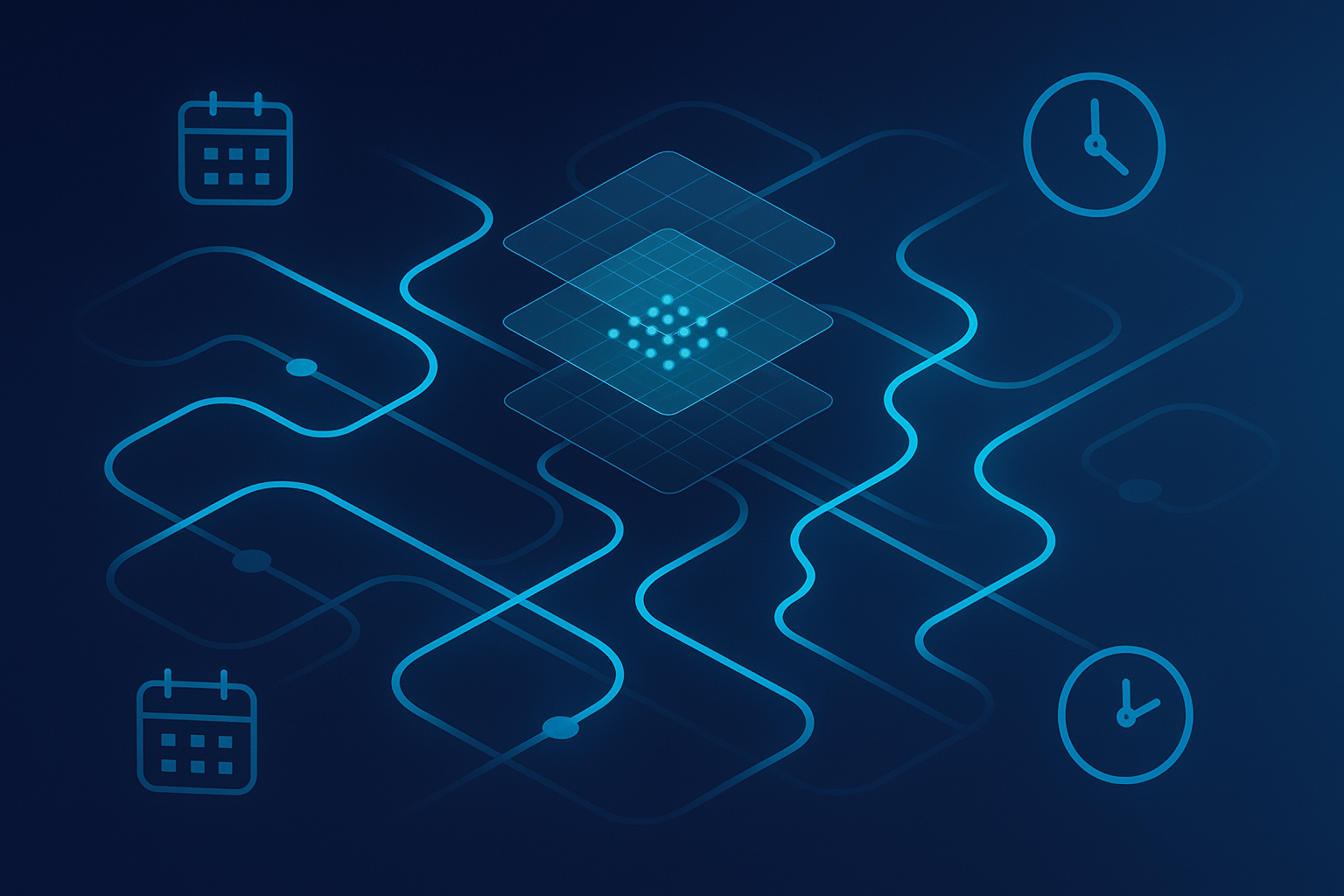 Abstract digital nexus with glowing cyan lines, grids, nodes, calendar icons, and clock motifs.