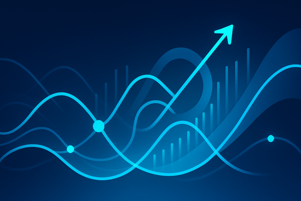 Abstract digital waves and glowing data streams on a dark blue gradient background.