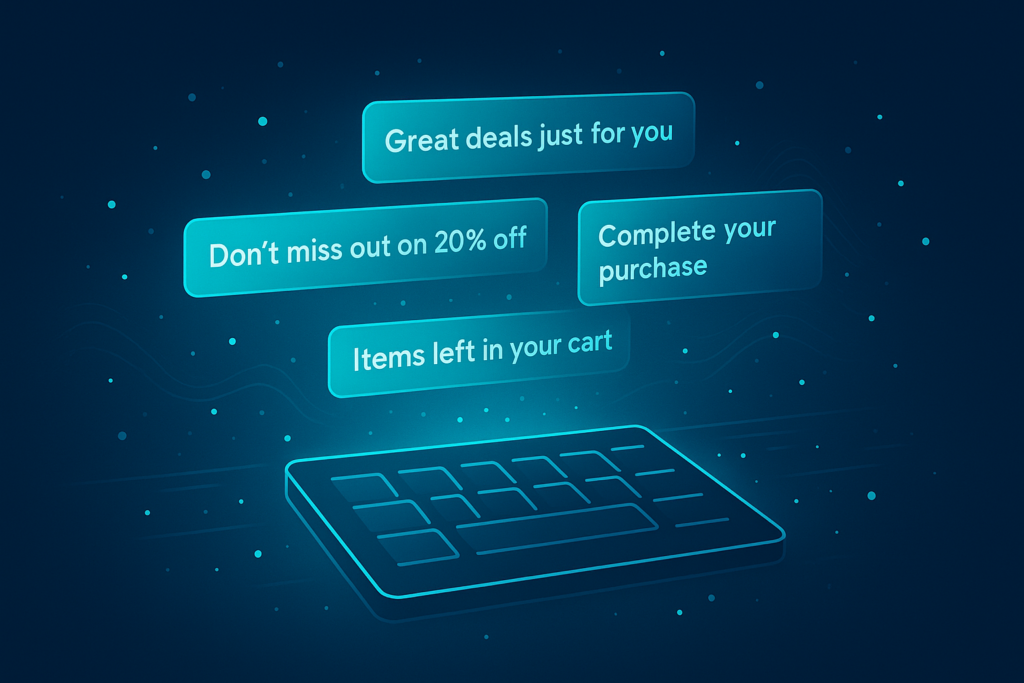 Abstract digital workspace with floating email snippets, glowing data points, and neon accents.