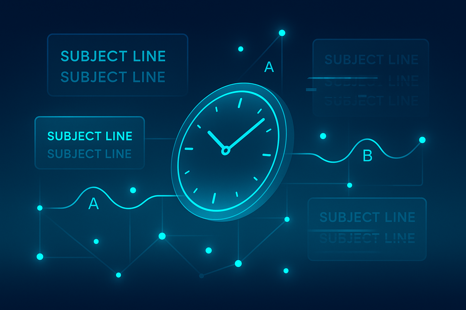 Abstract digital workspace with floating text, cyan data streams, translucent clock, and glowing nodes.