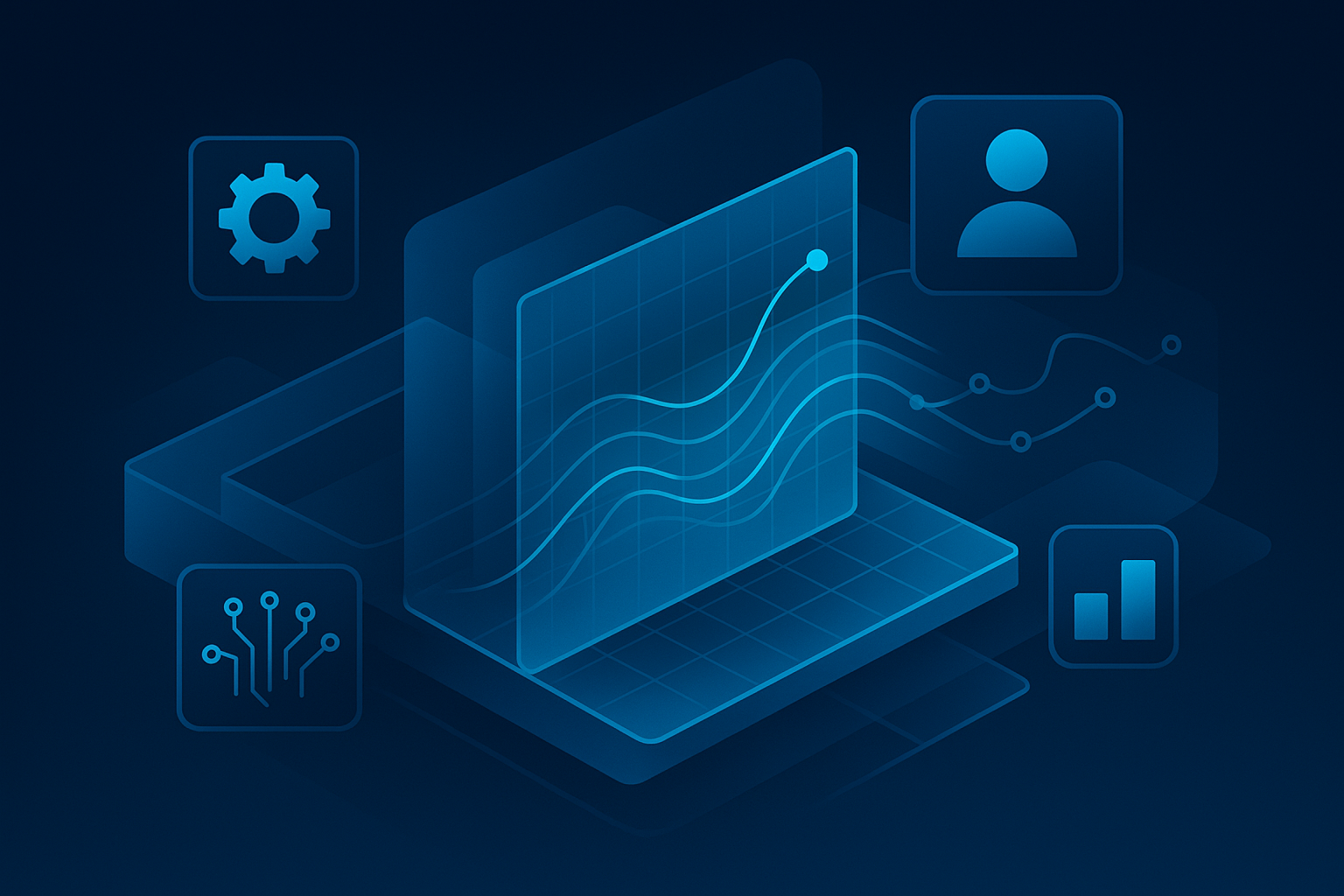 Abstract digital workspace with geometric data streams, network nodes, icons, and glowing grids.