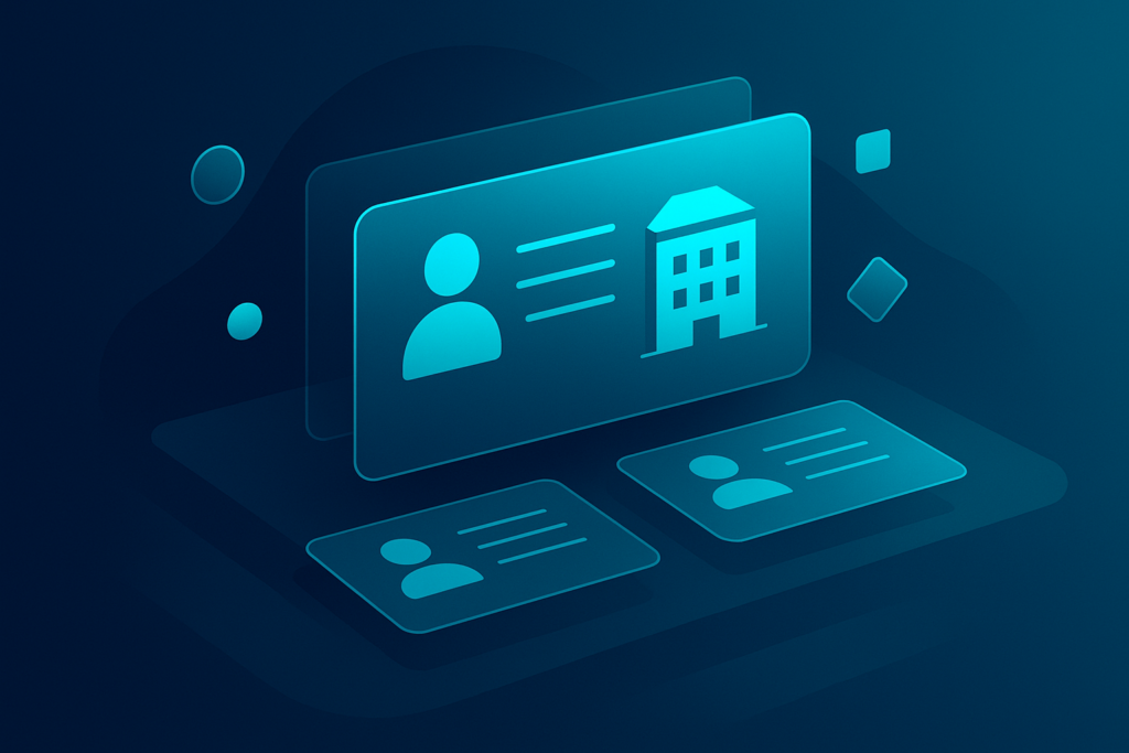 Abstract digital workspace with layered data cards and geometric shapes in neon blue and cyan.