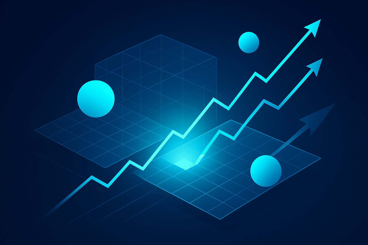 Abstract flat illustration of geometric shapes, glowing spheres, and lines converging on a radiant core.