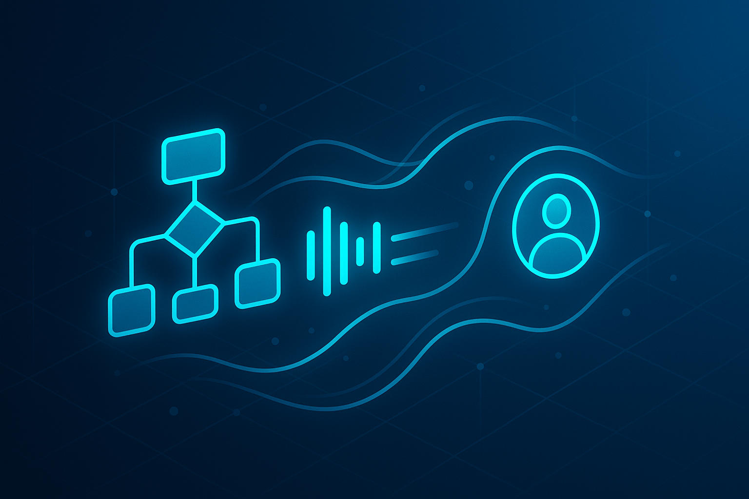 Abstract futuristic tech scene with data streams, icons, and grid in dark blue and cyan tones.
