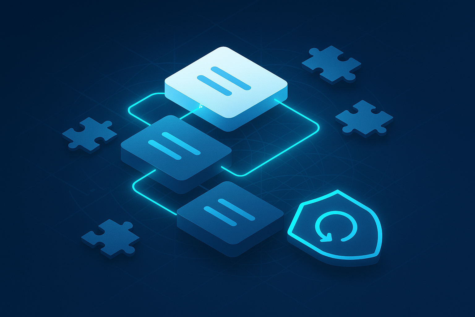 Abstract geometric data symbols connected by glowing lines with fractured edges and a backup shield.