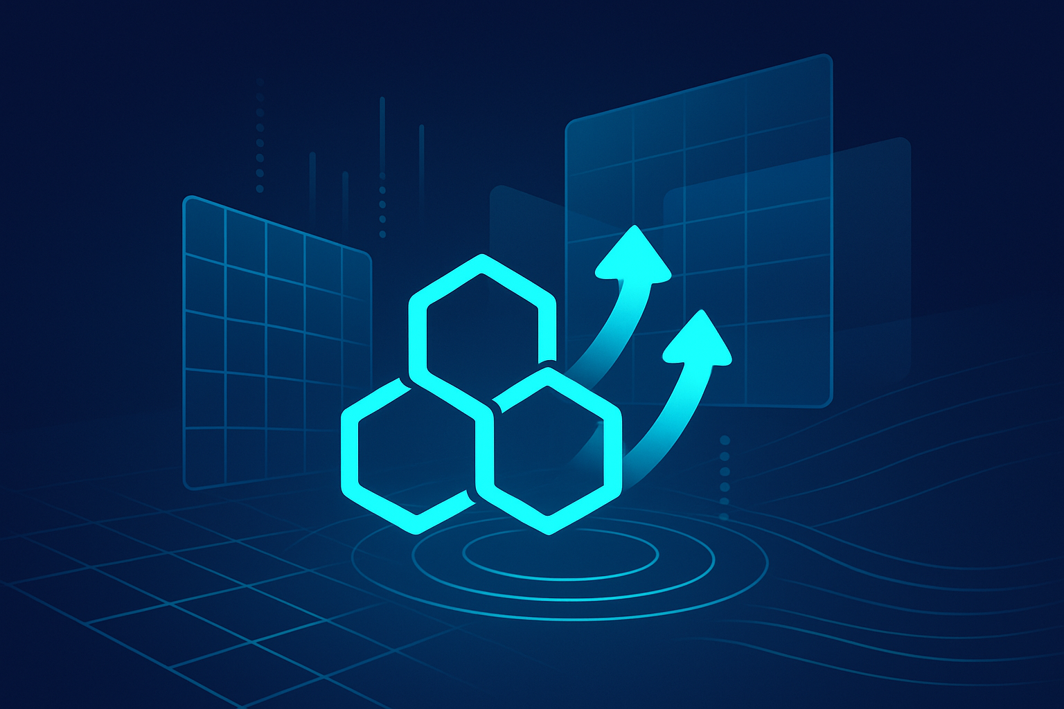Abstract geometric grid with hexagons, arrows, neon glows, and data streams symbolizing strategic growth.