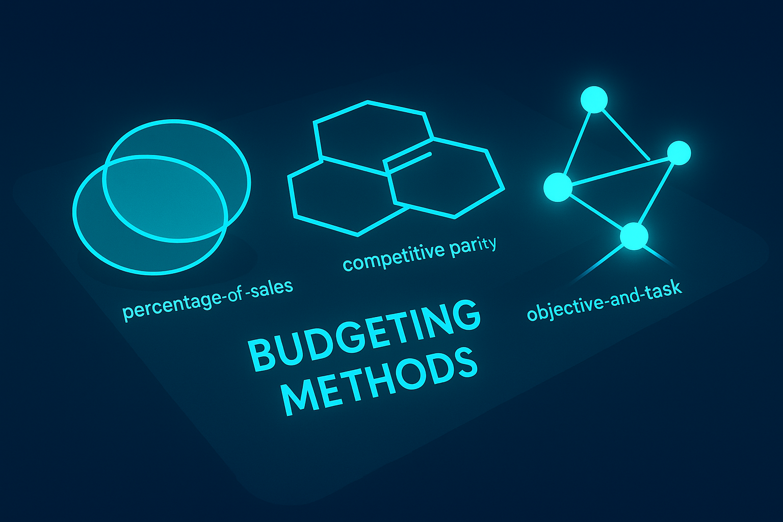 Abstract geometric illustration of budgeting methods with glowing lines and neon highlights.