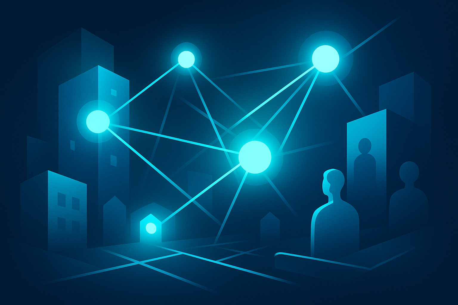 Abstract geometric network with glowing nodes, building silhouettes, and human figures, symbolizing data flow.