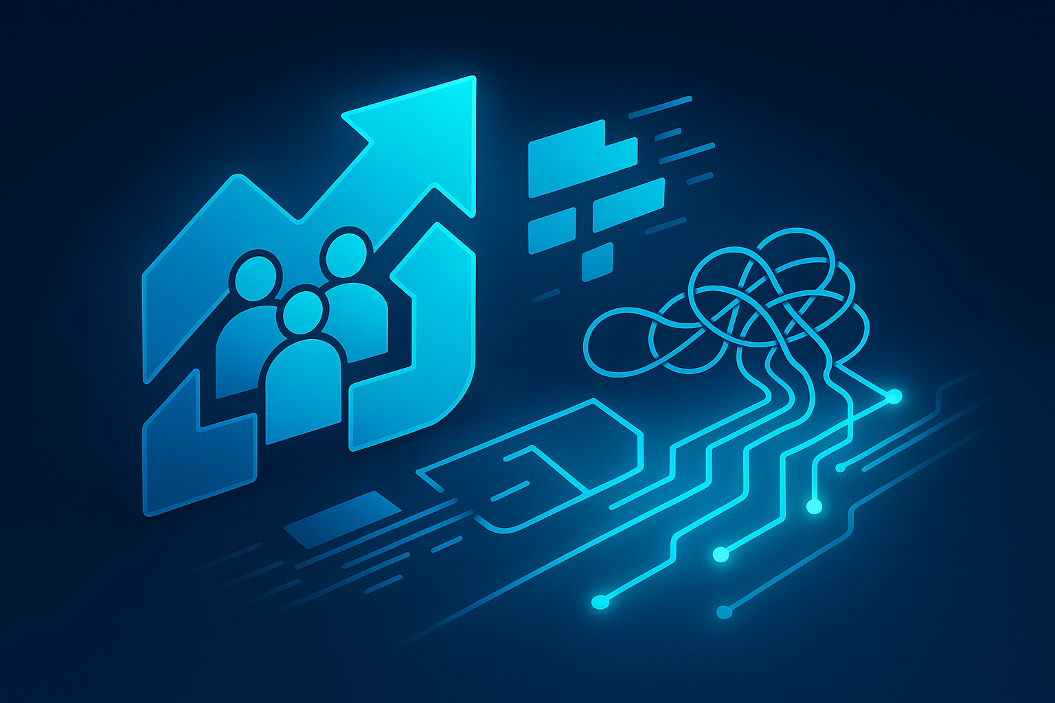 Abstract geometric shapes illustrating community growth, shrinking budgets, and AI-driven automation.