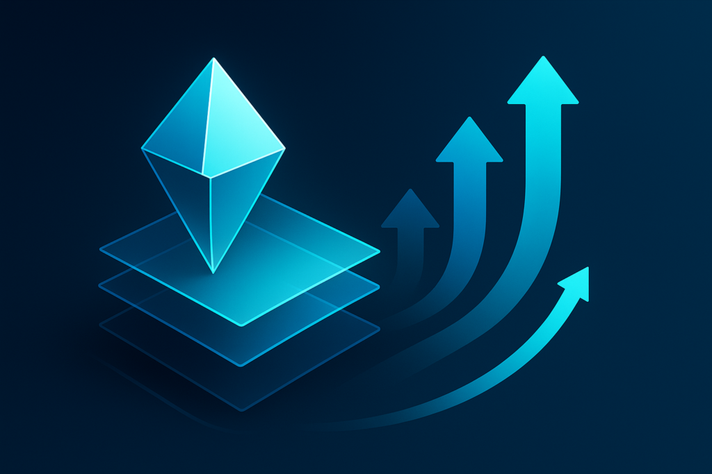 Abstract geometric shapes with arrows and glowing cyan accents on a dark gradient background.