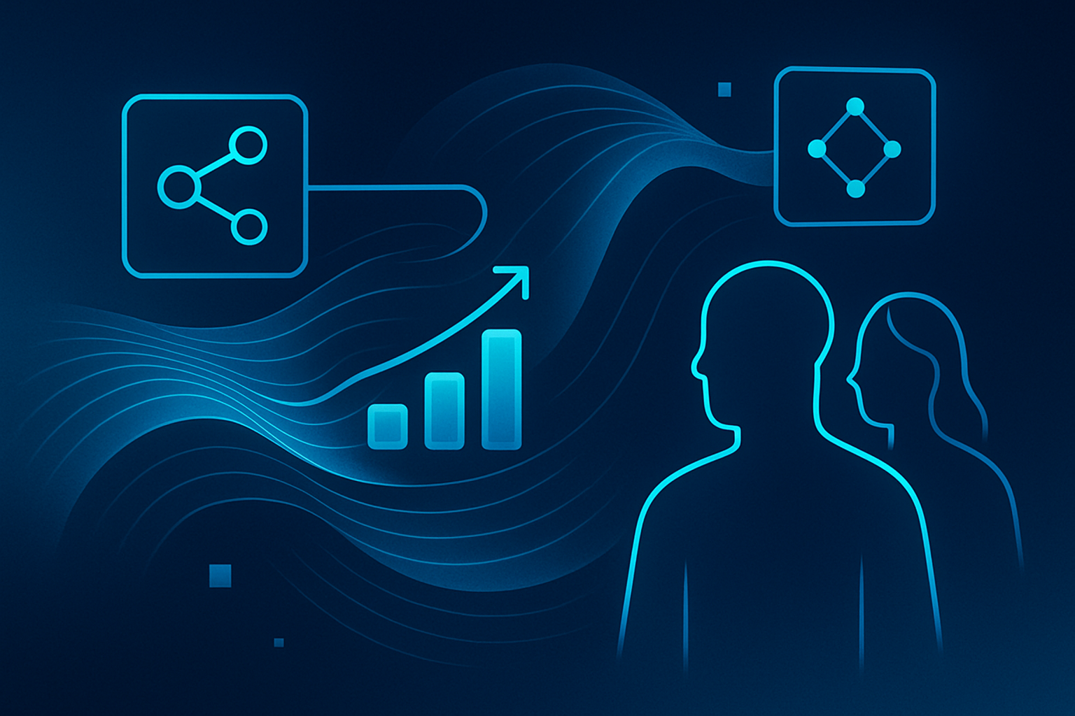 Abstract geometric shapes with glowing human outlines symbolizing data flow and interconnected networks.