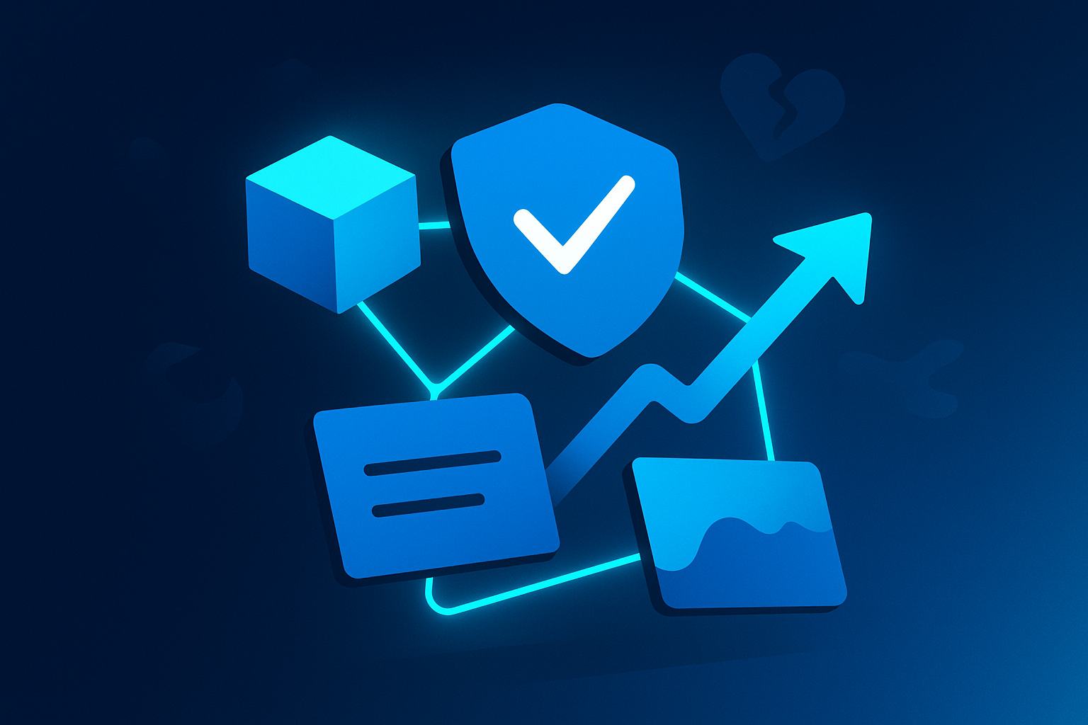 Abstract geometric shapes with glowing lines symbolizing strategy and partnership on dark blue background.