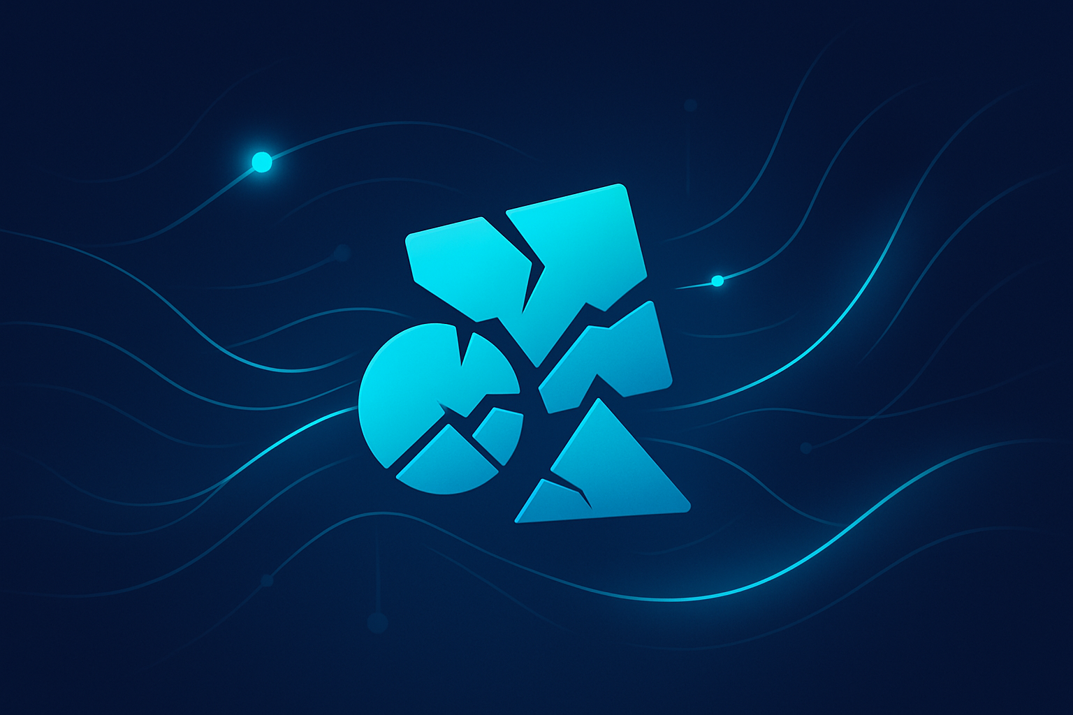 Abstract geometric shapes with glowing nodes and flowing lines on a dark blue neon-lit background.
