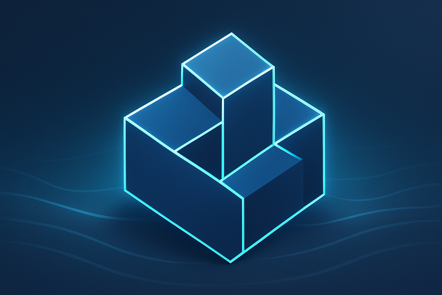 Abstract geometric structure with blue polygons, white lines, and cyan glow on dark background.