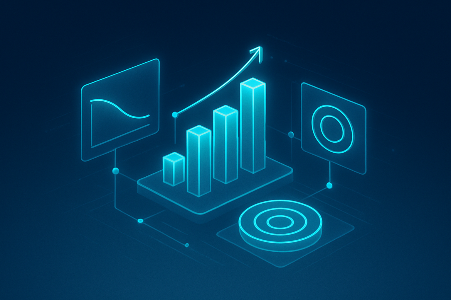Abstract glowing data ecosystem with interconnected graphs and geometric shapes in neon cyan on dark blue background.