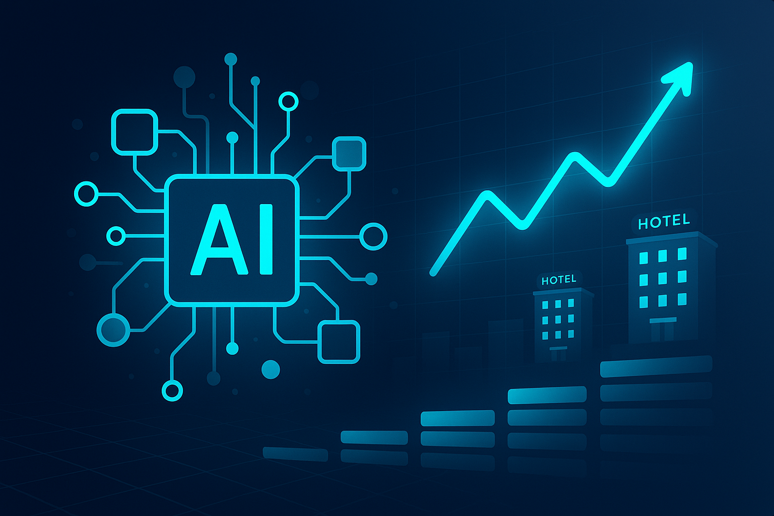 Abstract glowing geometric shapes, data flow, graphs, and hotel icons in a futuristic tech setting.