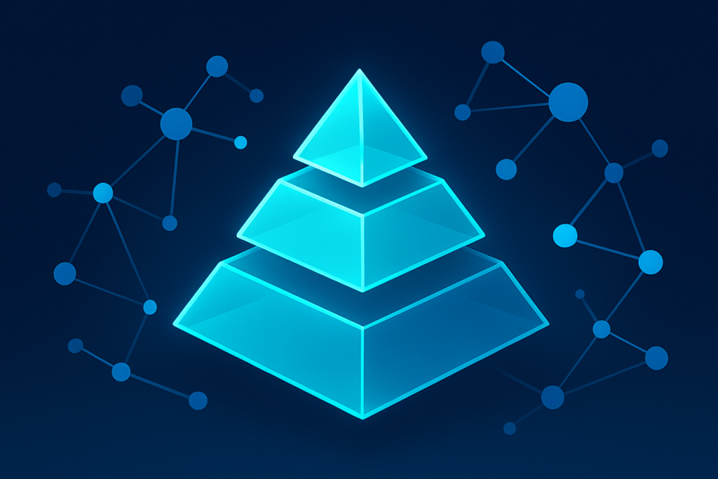 Abstract glowing layered pyramid with interconnected nodes on dark gradient background.