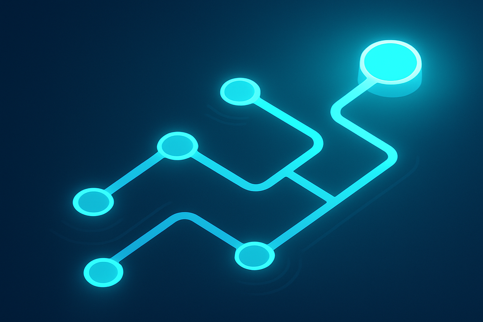 Abstract glowing network of interconnected cyan nodes and pathways with pulsating lines on dark background.