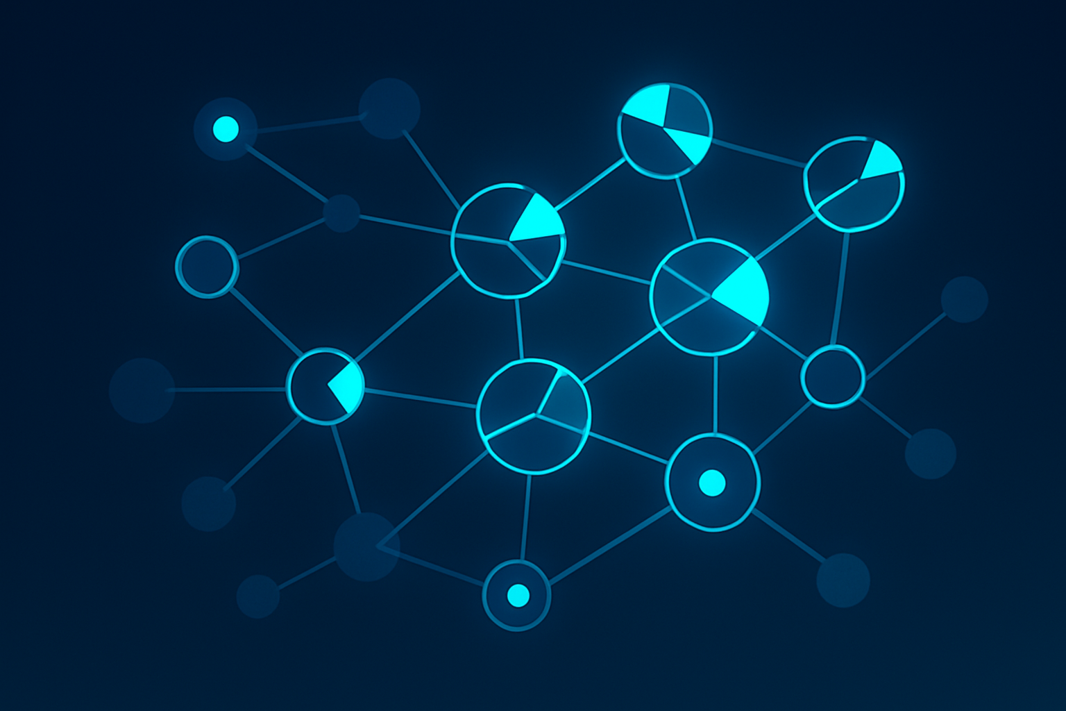 Abstract glowing network of interconnected nodes on dark blue and cyan gradient background.