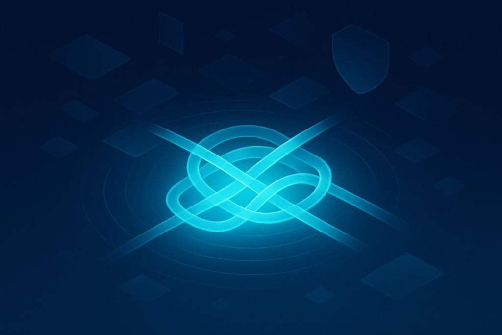 Abstract glowing network of translucent threads with geometric shapes on dark blue gradient background.