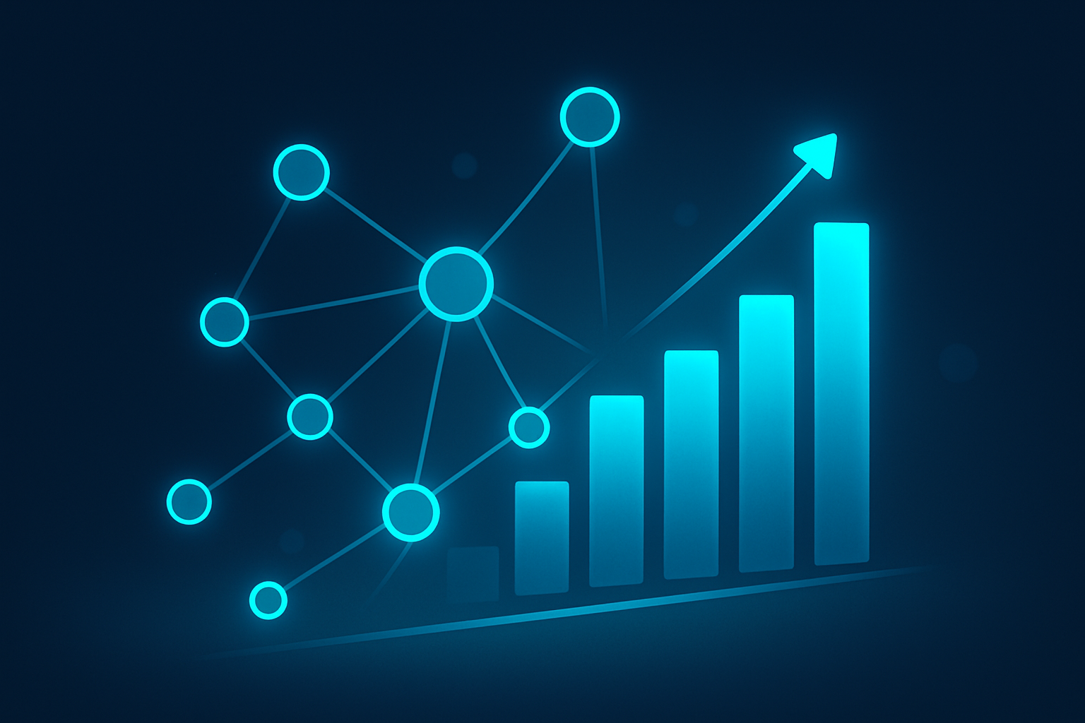Abstract glowing network with interconnected nodes and ascending bars symbolizing growth and engagement.
