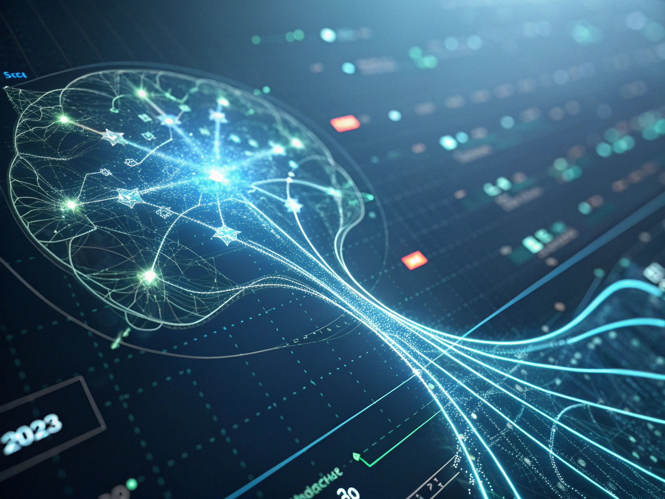 Abstract glowing neural network with digital nodes and data streams on dark gradient background.