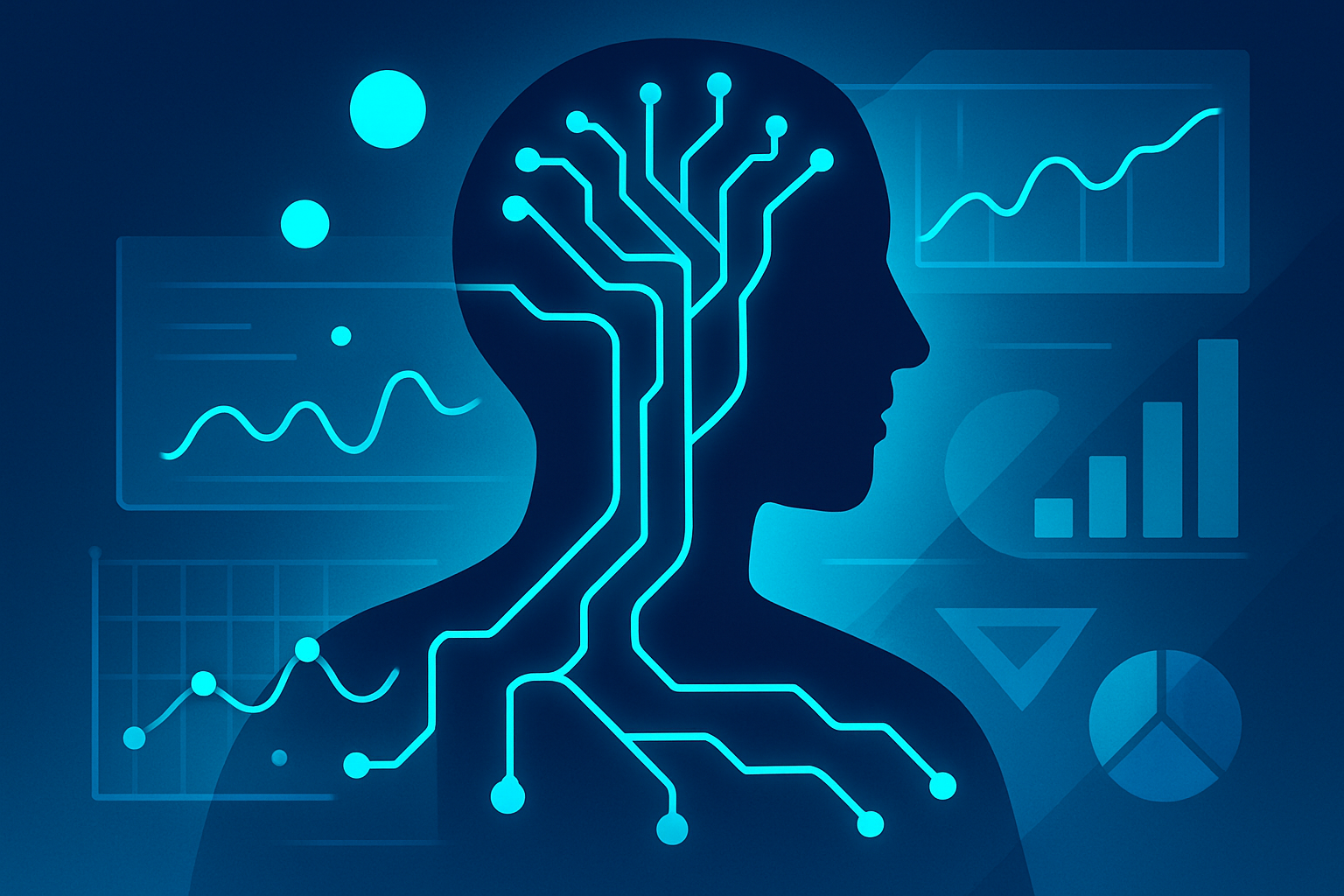 Abstract human silhouette with glowing neural circuits and floating data nodes over dark blue background.