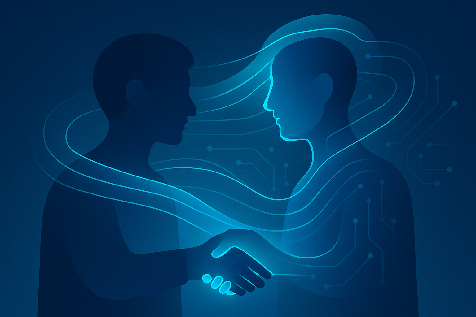 Abstract human silhouettes with glowing data streams and circuit patterns in a tech-inspired scene.