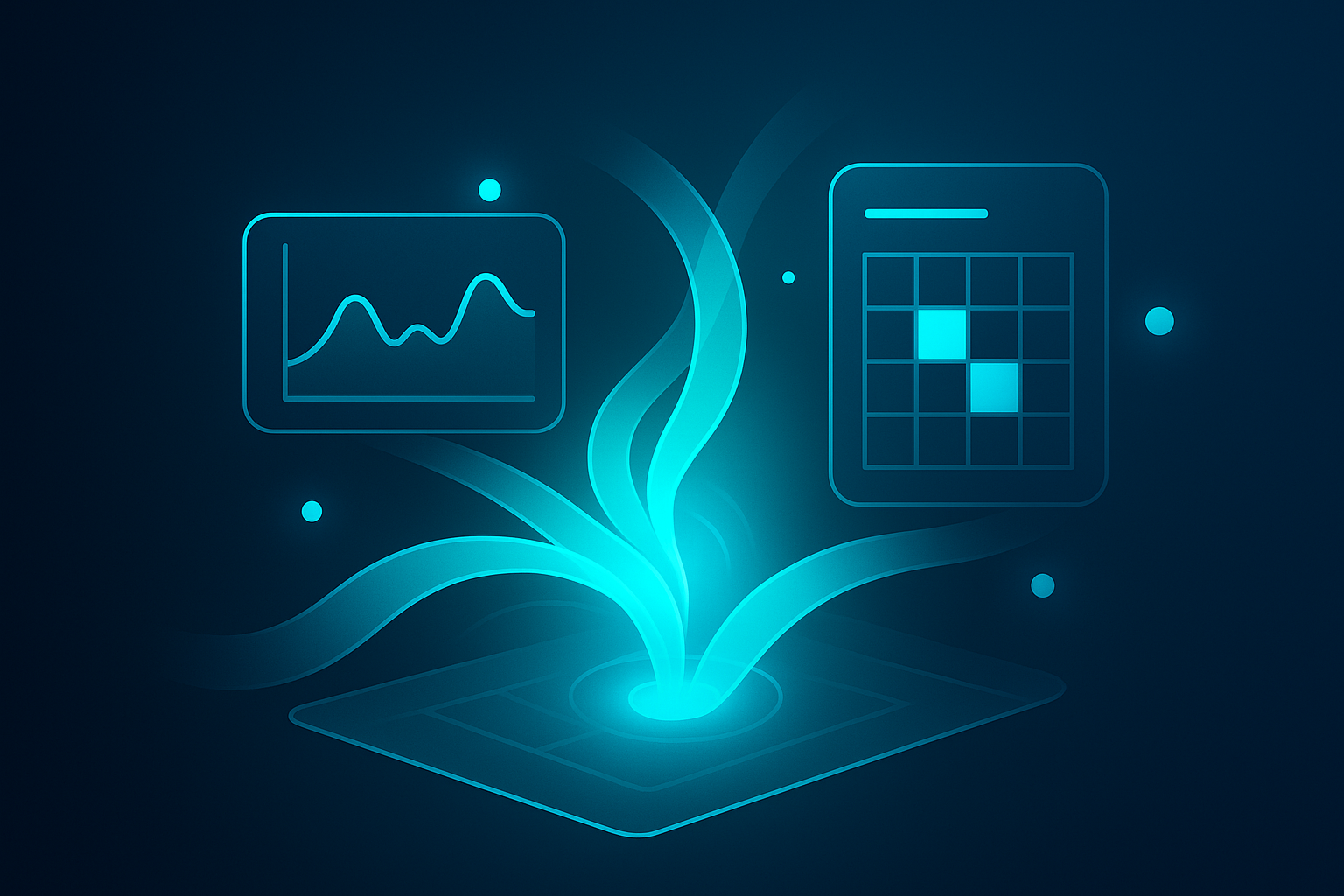 Abstract illustration of flowing data streams, analytics shapes, glowing nodes, and a pulsating core.