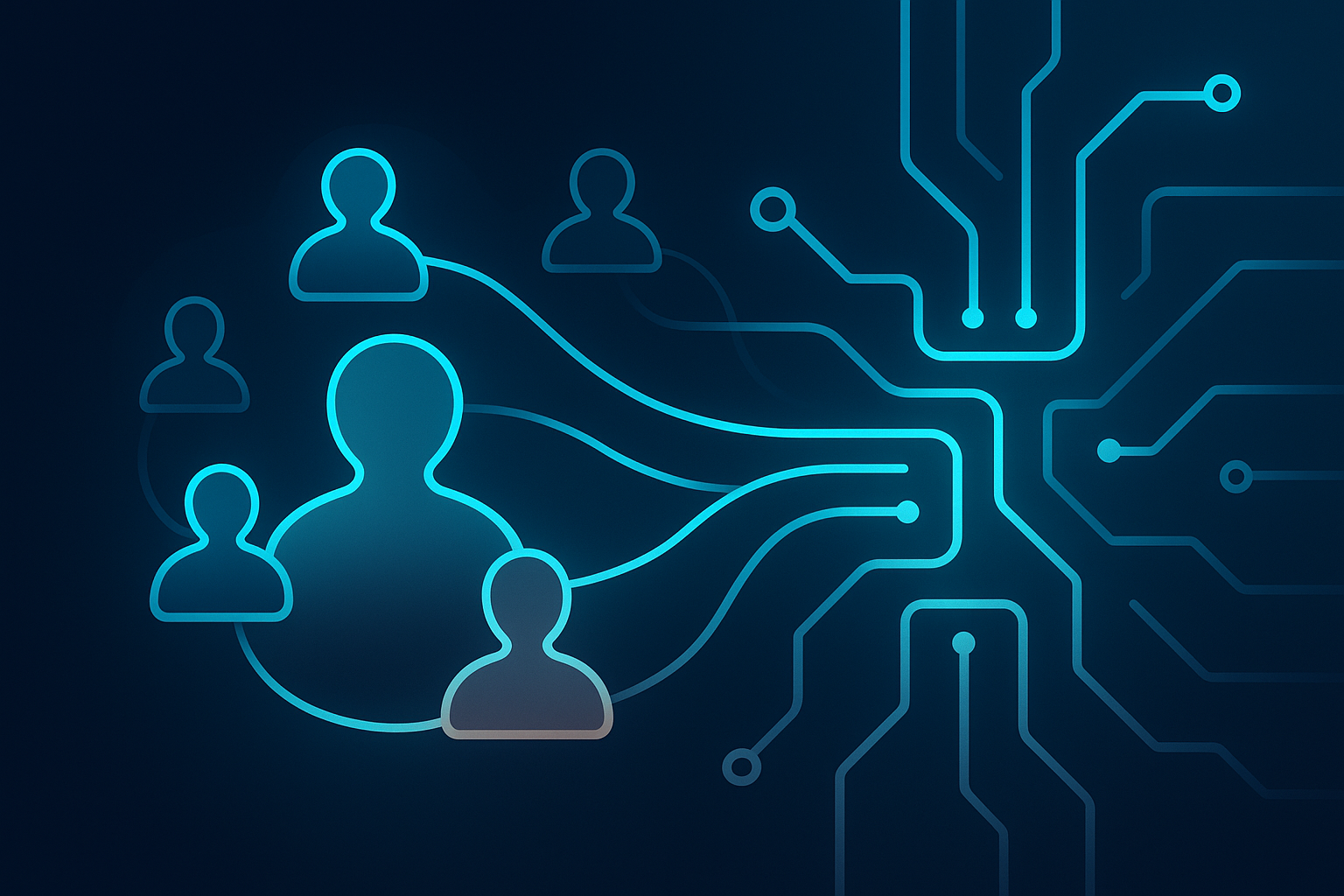 Abstract illustration of glowing cyan and blue interconnected nodes with human silhouettes and data streams.