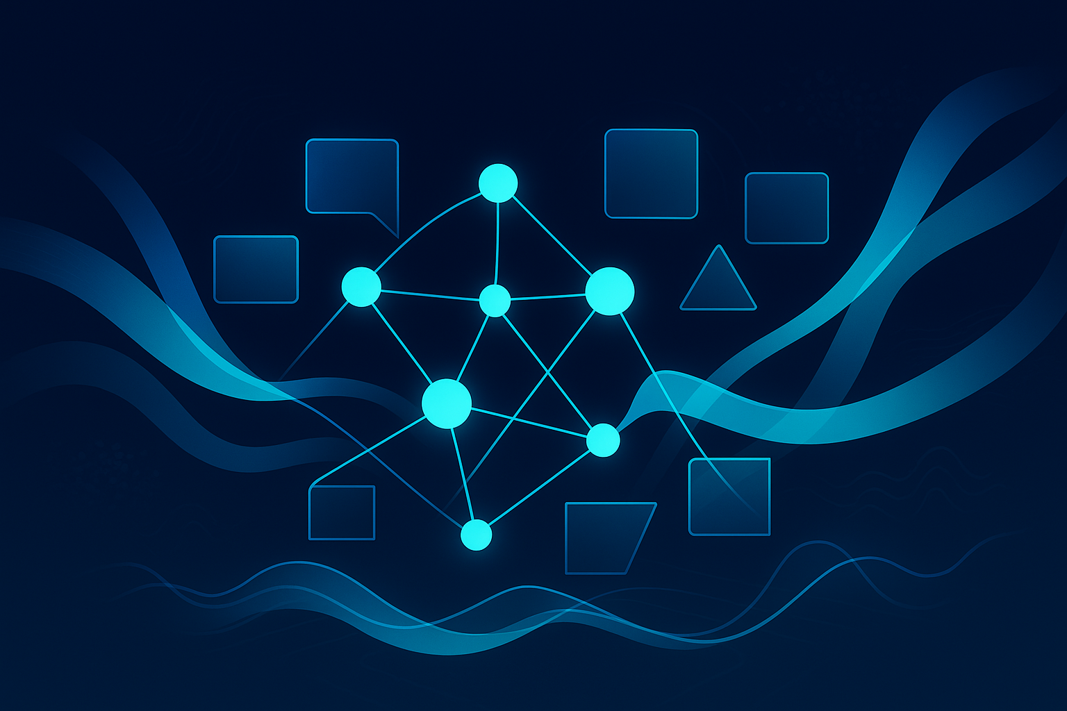 Abstract illustration of glowing interconnected nodes, geometric shapes, digital ribbons, and AI patterns.