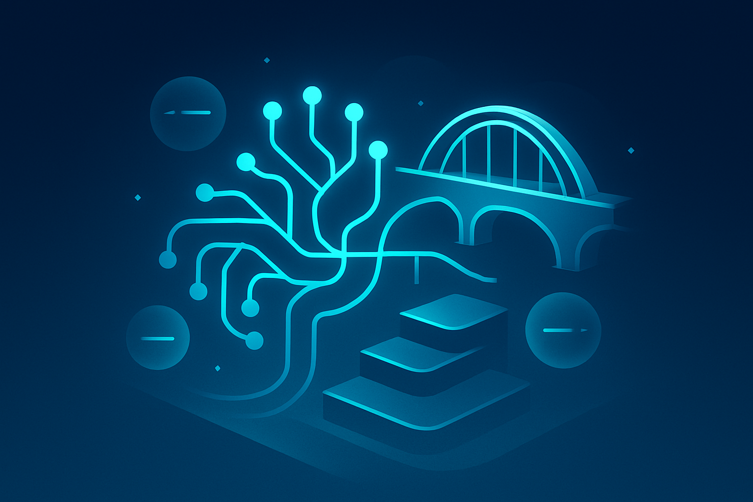 Abstract illustration of glowing neural circuits, data orbs, and geometric bridges on a dark blue gradient background.