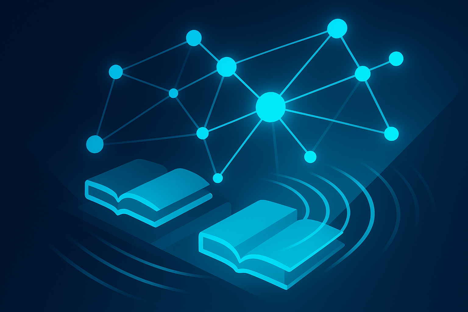 Abstract illustration of glowing nodes, flowing lines, open books, and sound waves on dark blue background.