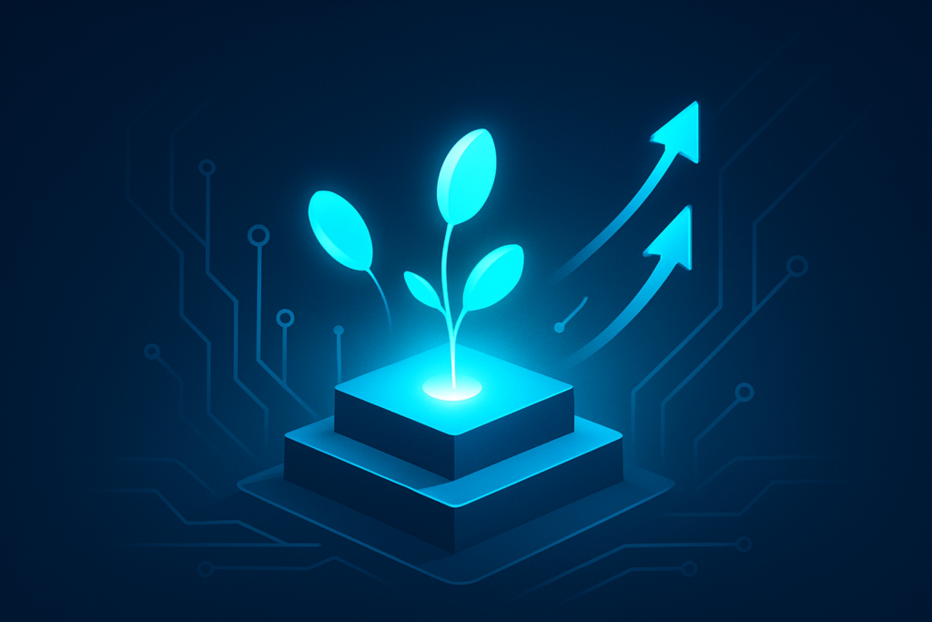 Abstract illustration of glowing seed orbs, geometric growth stages, circuits, and arrows on dark blue background.