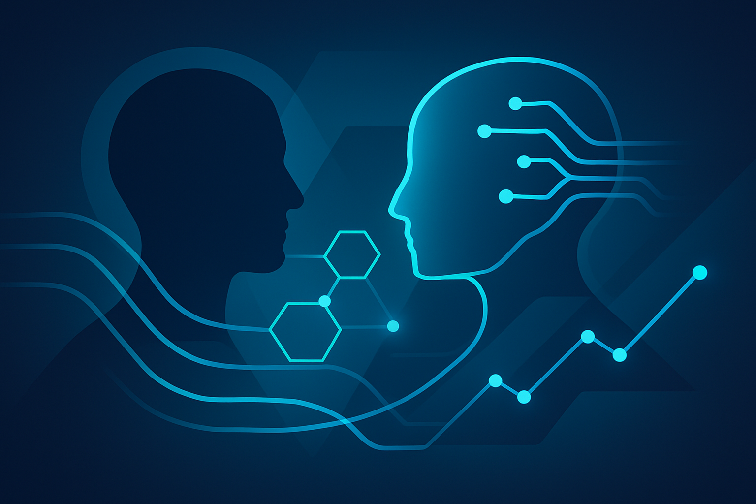 Abstract illustration of human and AI silhouettes connected by cyan lines over dark blue gradient background with glowing nodes.