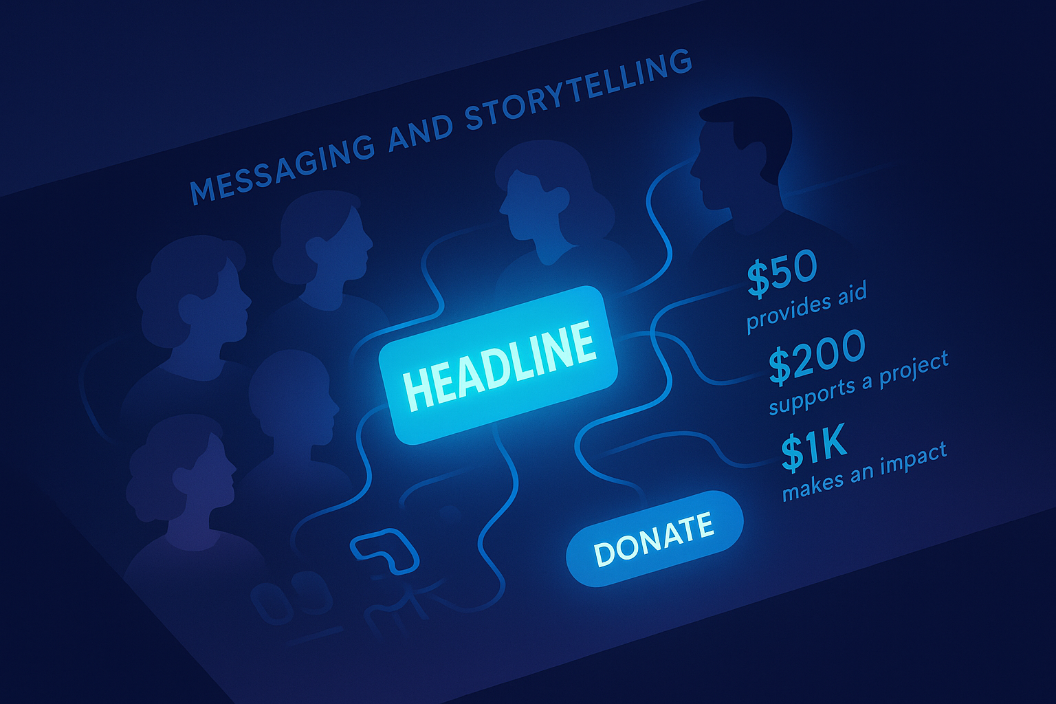 Abstract illustration of interconnected faces, glowing headline, numeric glyphs, pathways, and call-to-action.