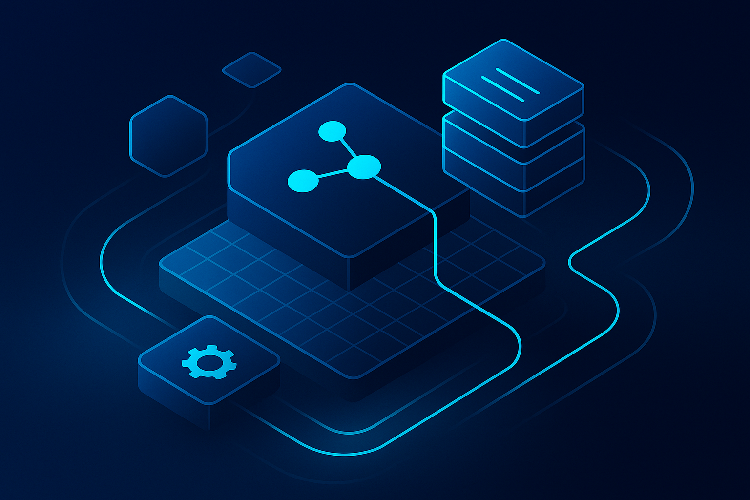 Abstract illustration of interconnected geometric shapes, data grids, and pulsating AI pathways.