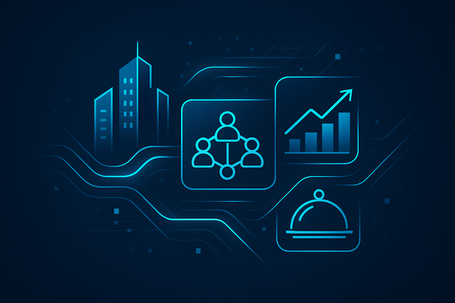 Abstract illustration of interconnected geometric industry symbols with glowing data streams on dark blue background.