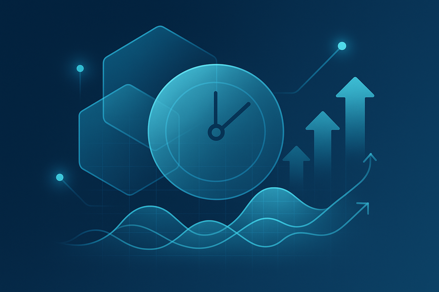 Abstract illustration of interconnected geometric shapes with clock, data waves, and upward arrows.