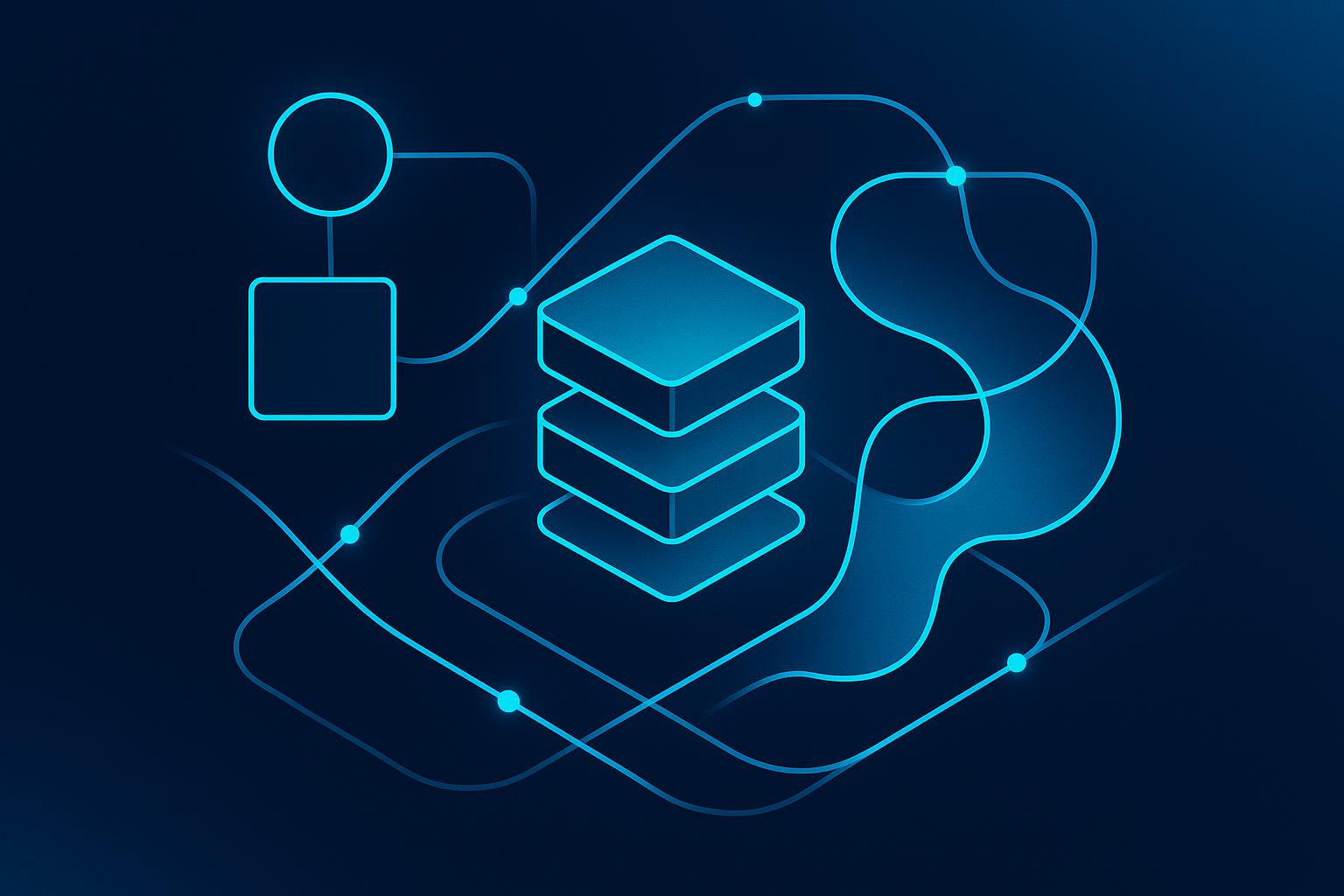 Abstract illustration of interconnected geometric shapes and glowing nodes symbolizing strategic workspace transitions.