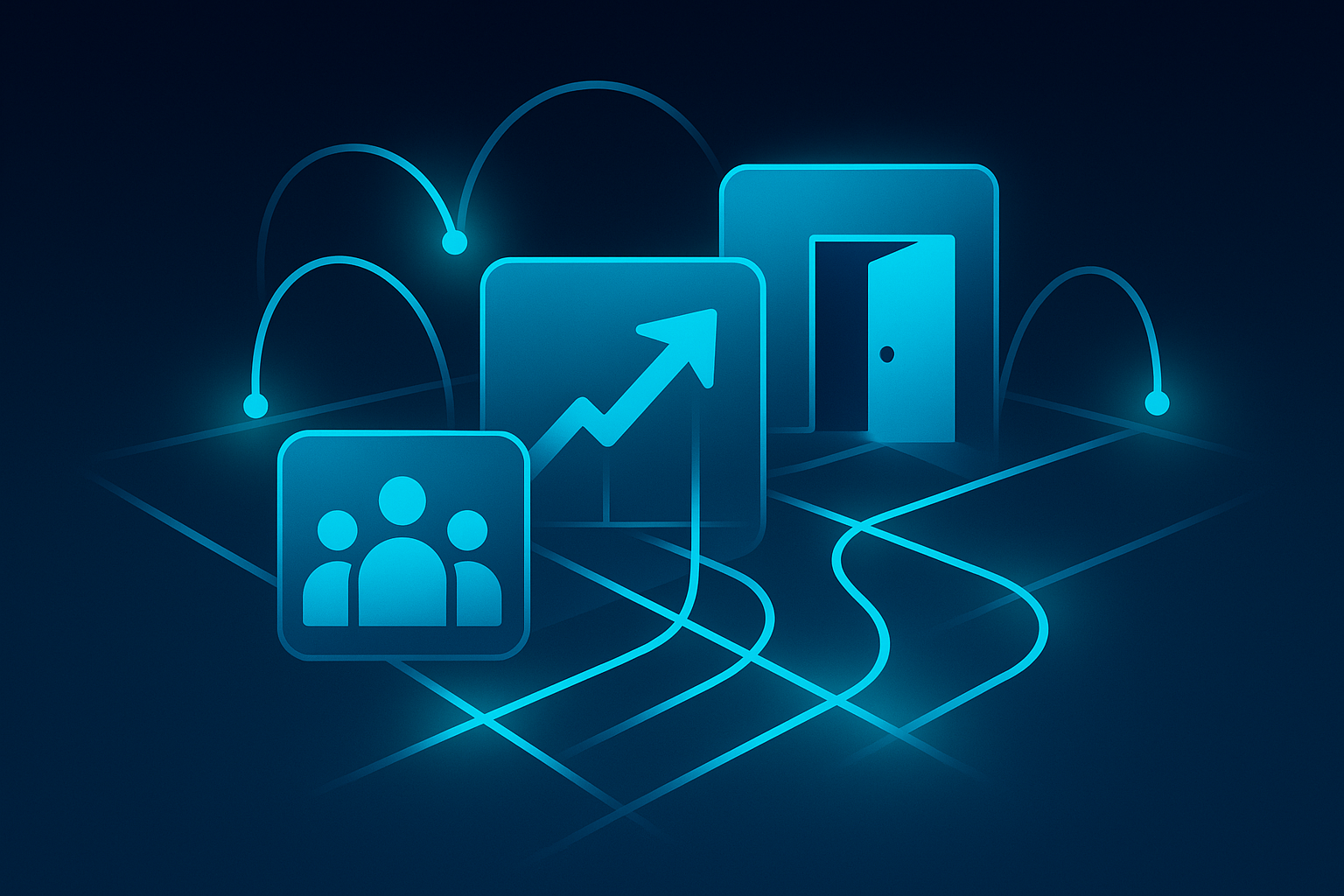 Abstract illustration of interconnected glowing lines, translucent panels, and icons symbolizing communication and growth.