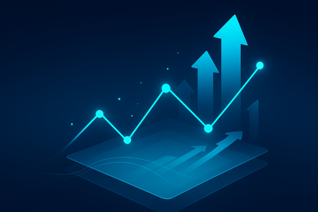 Abstract illustration of interconnected glowing nodes and ascending shapes symbolizing growth and connection.