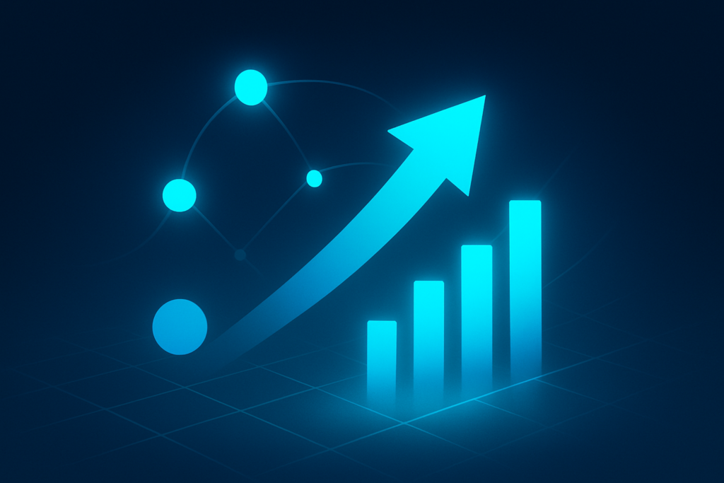 Abstract illustration of interconnected glowing nodes, ascending bars, and network grid in cool dark blue and cyan tones.