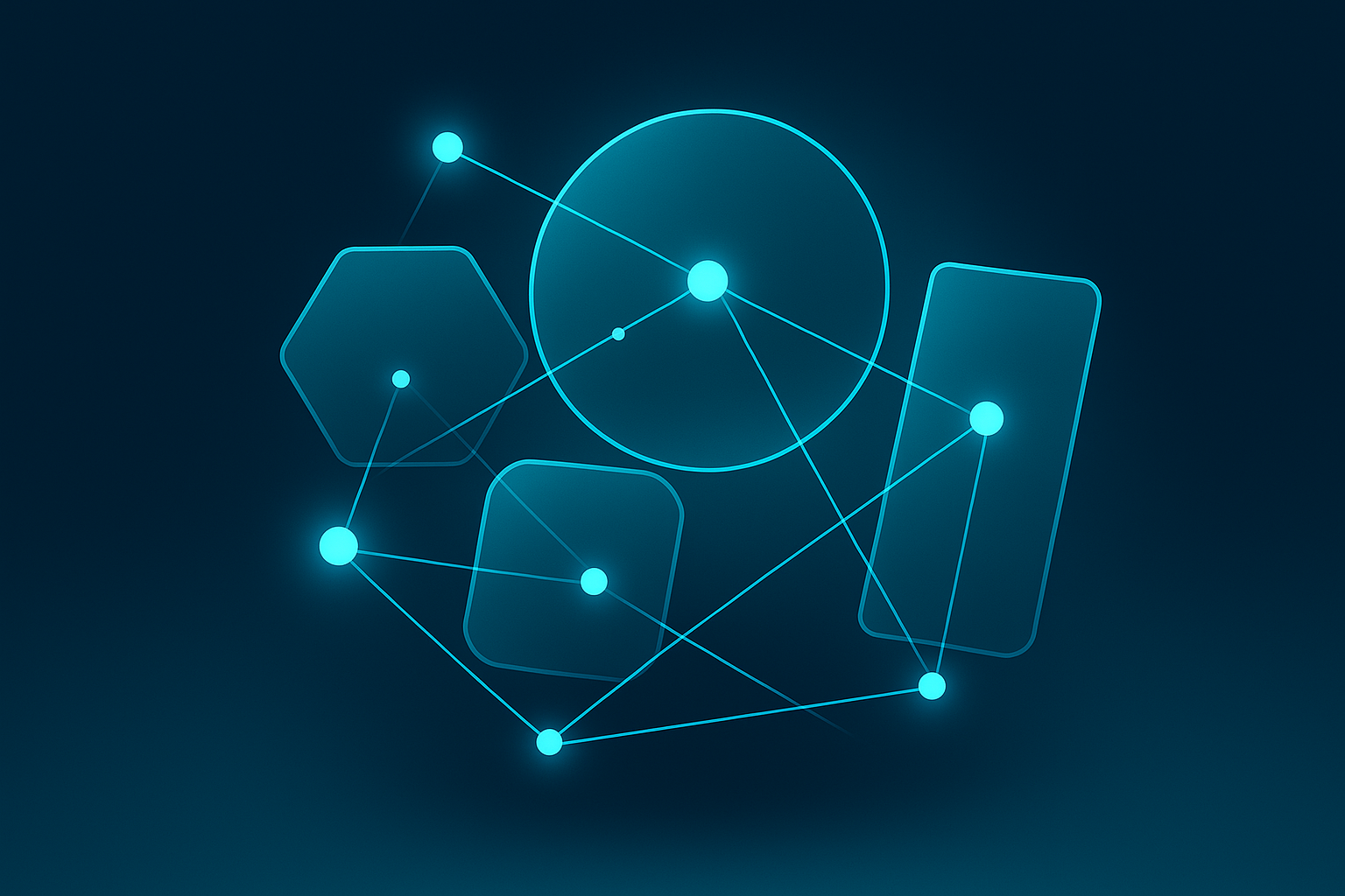 Abstract illustration of interconnected translucent geometric shapes with glowing nodes on dark blue gradient background.