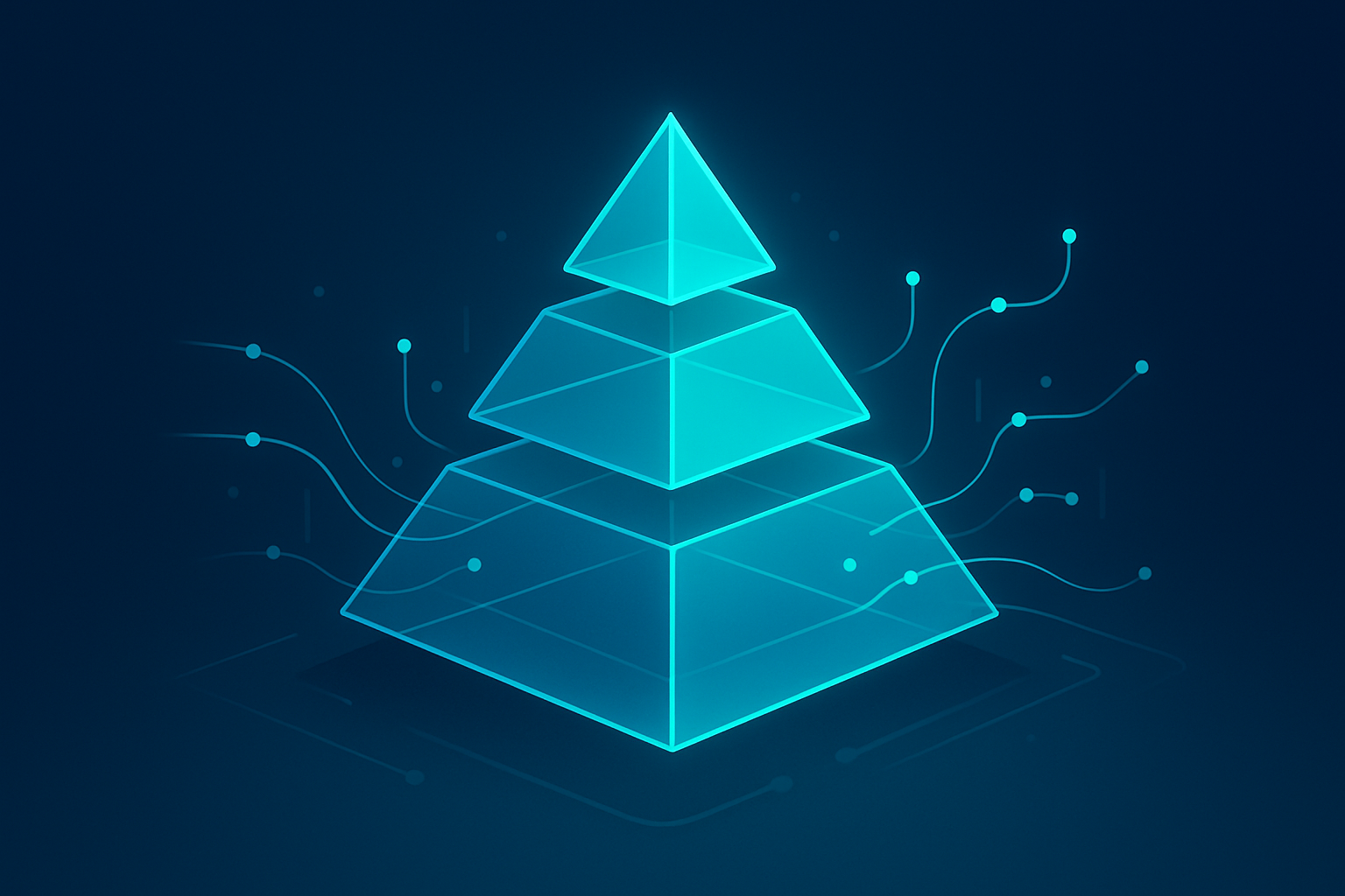 Abstract layered pyramid with glowing neon cyan edges, data streams, and dark tech background.