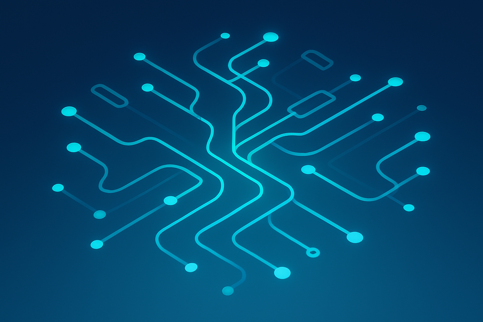 Abstract neon cyan circuit network with flowing lines on dark blue background, symbolizing connectivity.