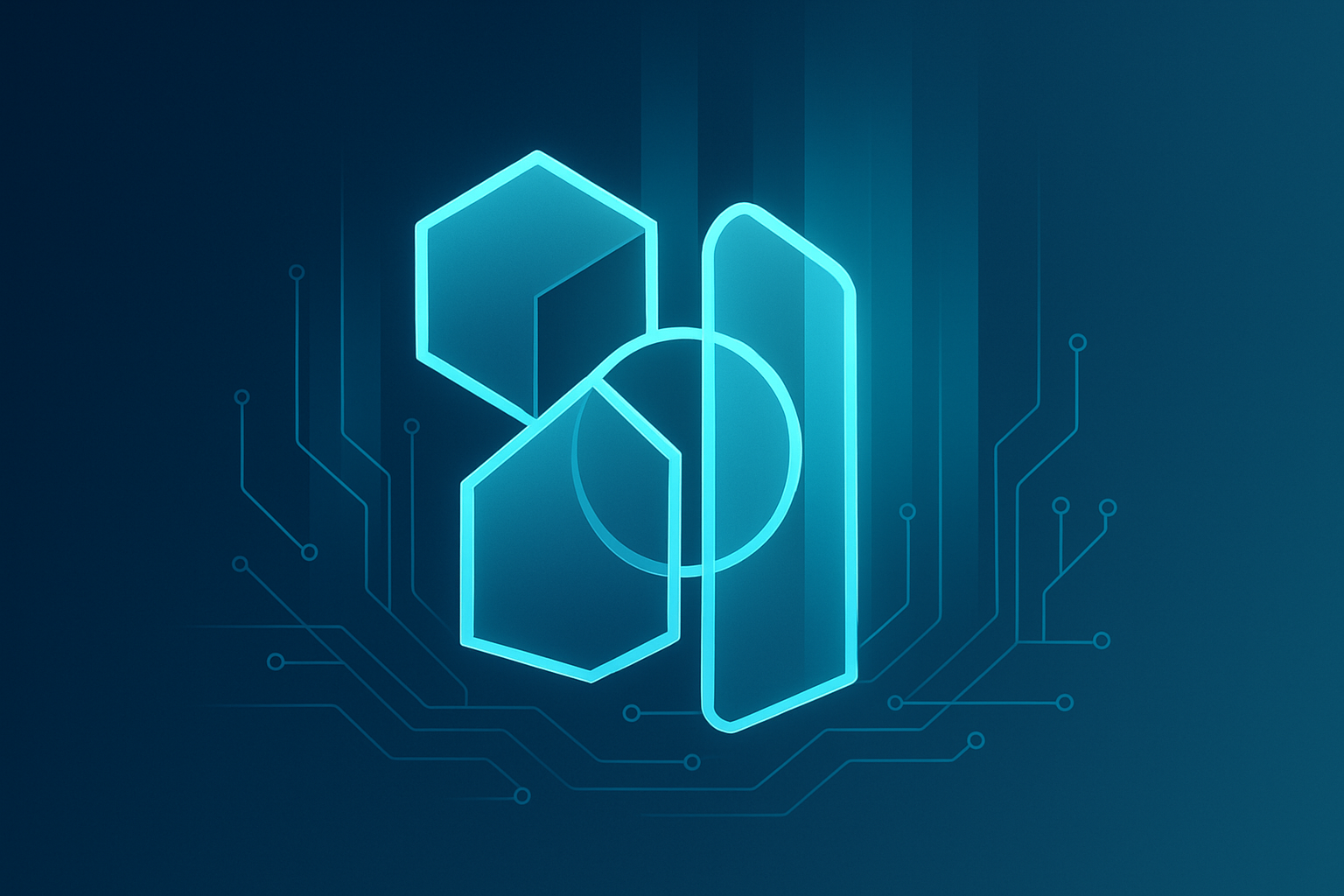 Abstract neon cyan geometric shapes, vertical lines, and circuit patterns on dark blue background.