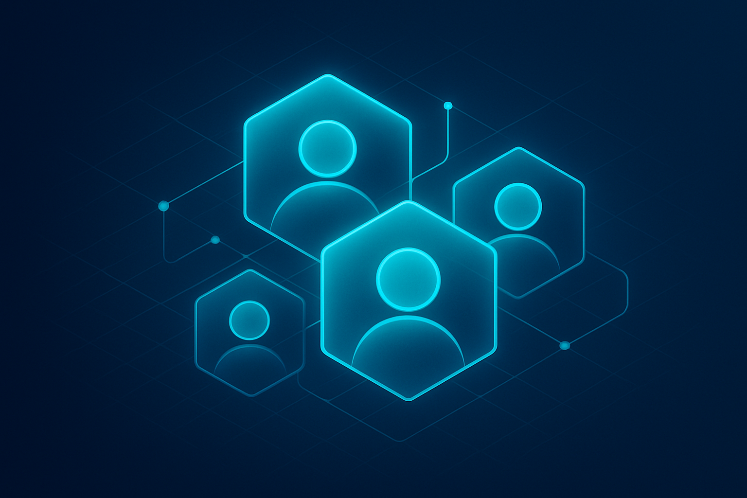 Abstract neon cyan geometric shapes with interconnected lines on dark blue background, symbolizing strategic growth.