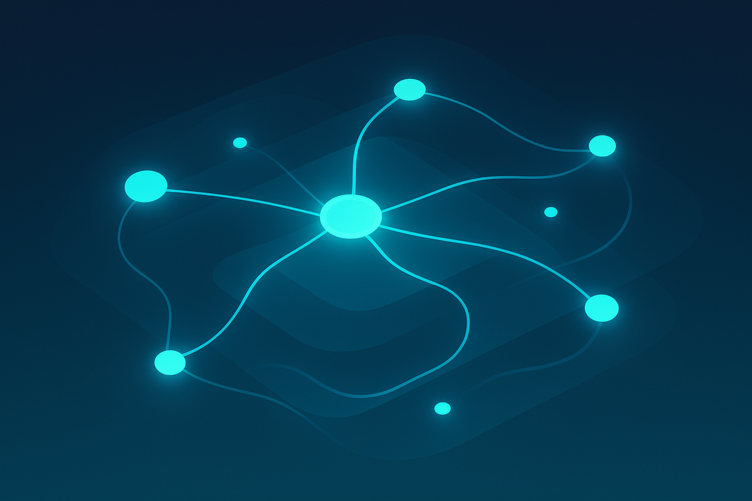 Abstract neon cyan network of interconnected glowing nodes and flowing lines on dark gradient background.
