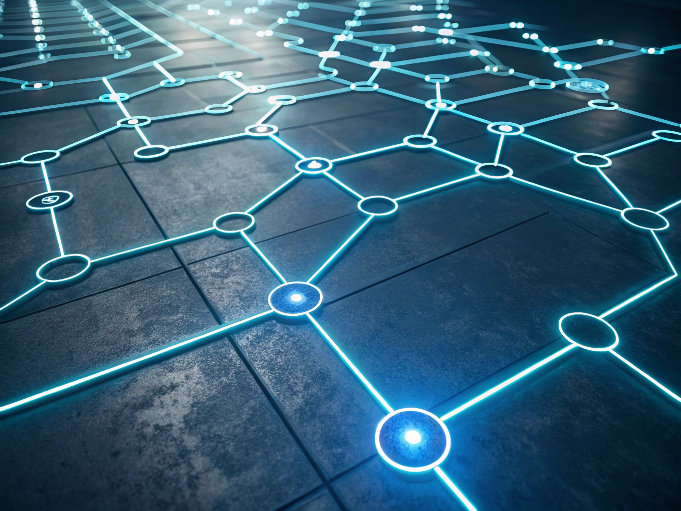 Abstract network of glowing blue pathways and nodes with neon highlights on dark background.